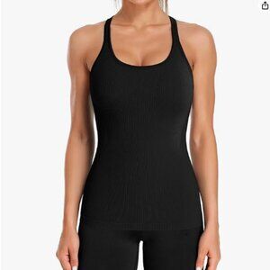 Ribbed Racerback Workout Tank Top with Built in Bra - Black - S